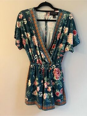 Colleen Lopez Teal Floral Wrap Romper with Peach and Cream Blooms
